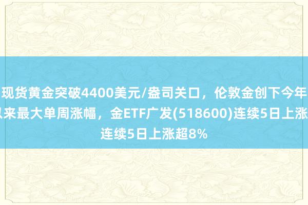 现货黄金突破4400美元/盎司关口，伦敦金创下今年2月以来最大单周涨幅，金ETF广发(518600)连续5日上涨超8%